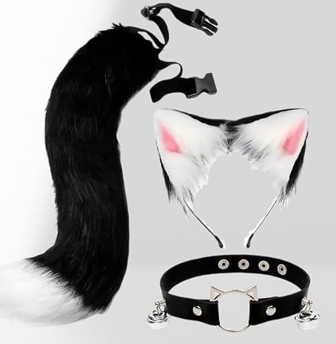 GDFJBG 3 Stück Katzenohren Katzenkostüm Set, Katze Kostüm Fuchs Ohren Stirnband Fuchs Kostüm, Schwanz und Ohren Set, mit Glöckchen für Damen Cosplay Kostüm Halloween Weihnachten Party von GDFJBG