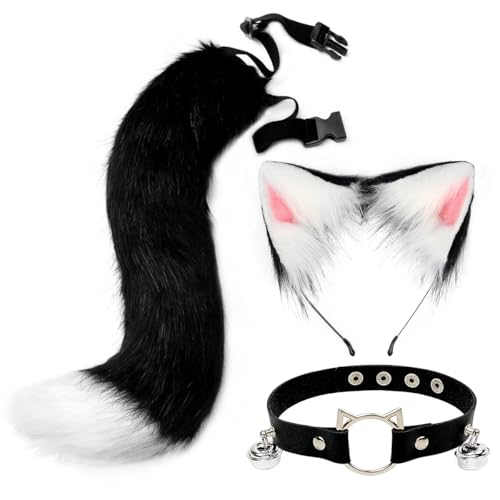 GDFJBG 3 Stück Katzenohren Katzenkostüm Set, Katze Kostüm Fuchs Ohren Stirnband Fuchs Kostüm, Schwanz und Ohren Set, mit Glöckchen für Damen Cosplay Kostüm Halloween Weihnachten Party von GDFJBG