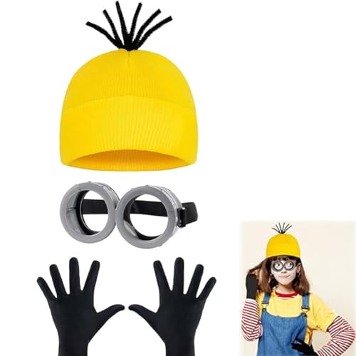 Gelbes Kostüm set für cosplay, Halloween Kostüme für Erwachsene Kinder, 1 Brille Gelbe 1 Mütze 1 Schwarze Handschuhe Set, Kostüm Zubehör für Halloween Karneval Film Kostüm von GDFJBG