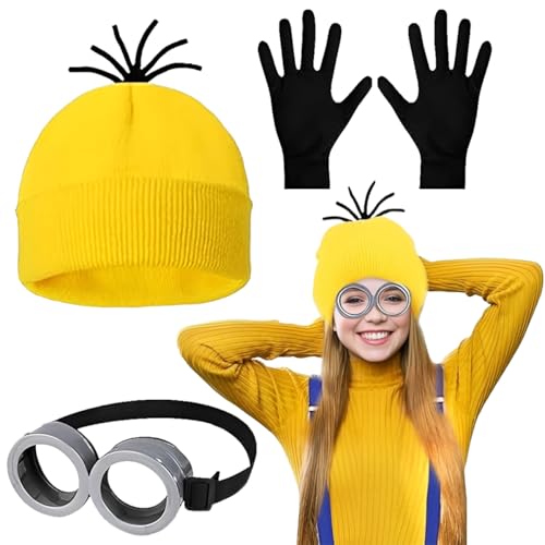 Gelbes Kostüm set für cosplay, Halloween Kostüme für Erwachsene Kinder, 1 Brille Gelbe 1 Mütze 1 Schwarze Handschuhe Set, Kostüm Zubehör für Halloween Karneval Film Kostüm von GDFJBG