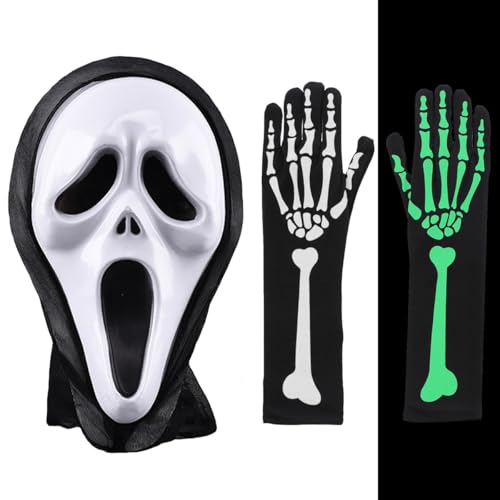 GDFJBG Halloween Ghostface Maske Schrei Maske mit im Dunkeln leuchtenden Handschuhen Geist Scream Maske für Herren & Damen als Kostüm für Karneval, Fasching, Halloween von GDFJBG