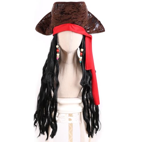 GDFJBG Halloween Perücken Haarteile, 65CM Piratenperücke Hut Piratenkostüm, Piratenhut aus Kunstleder, Deluxe Piraten Kapitänsmütze für das perfekte Piratenkostüm zum Fasching und Karneval von GDFJBG