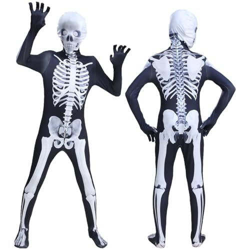 GDFJBG Kind Halloween Skelett Kostüm Jumpsuit Kleidung Kostüm für Halloween Cosplay Kostüme Bodysuit für Jungen Mädchen Halloween Karneval Cosplay Anzug Action Dress Ups und Zubehör Party 130cm von GDFJBG