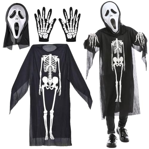 GDFJBG Kind Halloween Skelett Kostüm mit Schädelmaske Handschuhen Ghostface Skelett Kostüm für Halloween Süßes oder Saures, für Halloween-Kostümpartys, Cosplay,Mottoparty Bühnenauftritte von GDFJBG