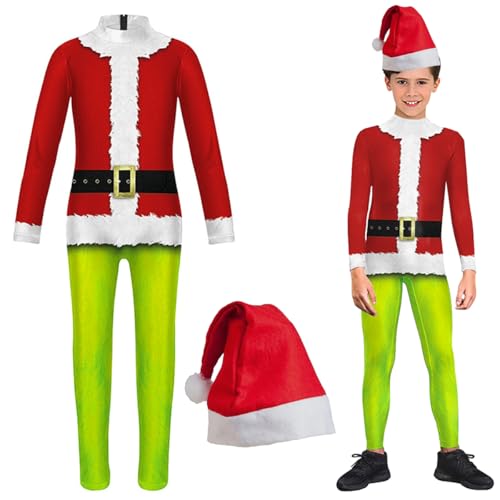 GDFJBG Kinder Weihnachtskostüm Grün Kinder Weihnachten Sport Party Fashion Anzug Jumpsuit Sweatshirt Weihnachten Monster Pelz Set Weihnachten und Halloween Kostüm Requisiten Hellgelb 120cm von GDFJBG