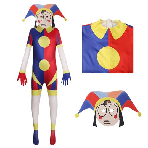 GDFJBG Kinderkostüm 120cm Circus Clown Kostüm Cosplay mit Mütze, Zirkus Clown Kostüm Outfit Zubehör Spielzeug Set für Kinder, Karikatur Horrormonster Overall Cosplay Thema Costume Kostüm von GDFJBG