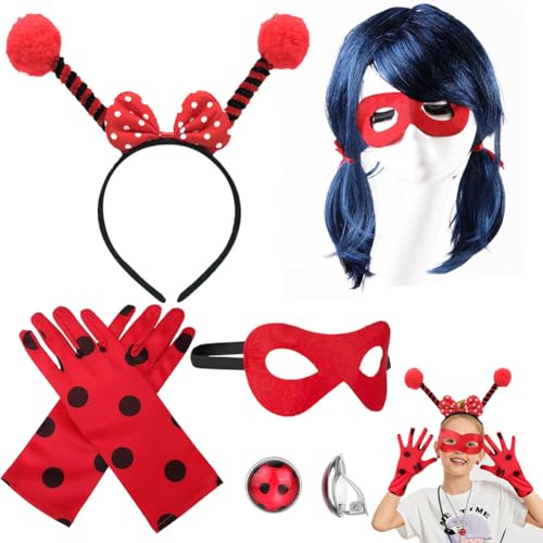 GDFJBG Kostüm Zubehör Perücken Set,Miraculous Deluxe Augenmaske Damen Karneval Fasching Marienkäfer für Rot Schwarz Verkleidung Dekoration Mädchen Karneval Kostüm Kinder 5PCS von GDFJBG