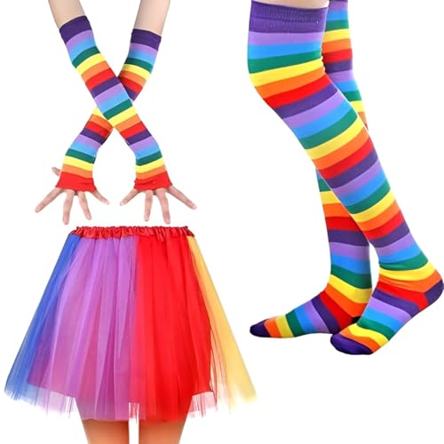 GDFJBG Kostüm für Damen 1980er Jahre Party Kostüm Zubehör Set Regenbogen Tüllrock Kniestrümpfe Regenbogen Oberschenkel Hohe Socken Overknee Strümpfe Fingerlose Handschuhe Hülsen-Set für Damen von GDFJBG