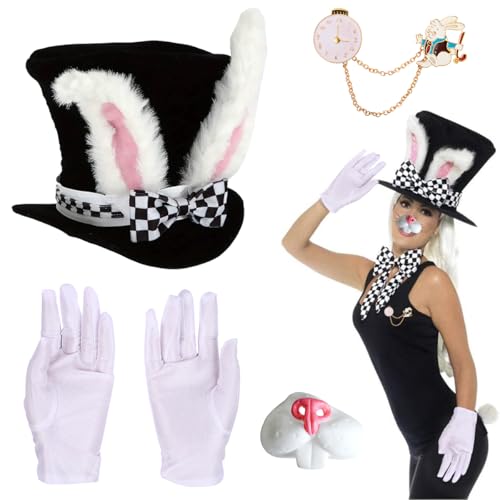 GDFJBG Osterhut Häschen Kostüm 4 Stücke Häschen Kostüm Zubehör Osterhasenohren Hut, Nase, Weiße Handschuhe, HasenUhr Häschenkostüm Kinder Erwachsene Bunny Girl Cosplay von GDFJBG