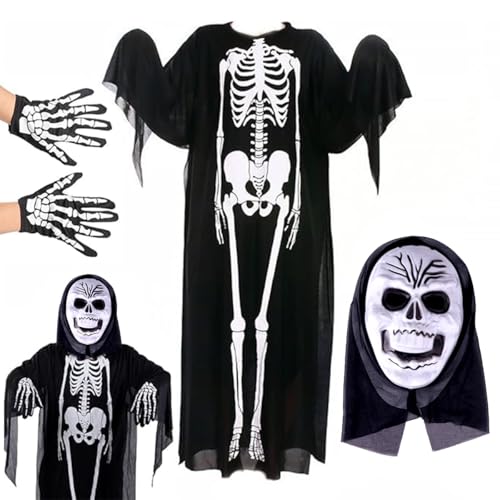 GDFJBG Skelett-Kostüm für Kinder,mit Skelett Maske Skelett Handschuhe,Knochen Weiß Halloween,für Halloween Karneval Cosplay Kostüm Unisex,Halloween Kostüm Dress Up Partys von GDFJBG