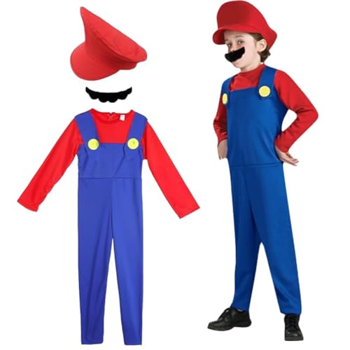 GDFJBG Super Bros Cosplay Kostüme für Kinder, Bart and Augenbrauen Verkleidung für Karneval, Halloween, Kostüm Kinder Jungen Mädchen Halloween Kostüm Cosplay Rot 120cm von GDFJBG