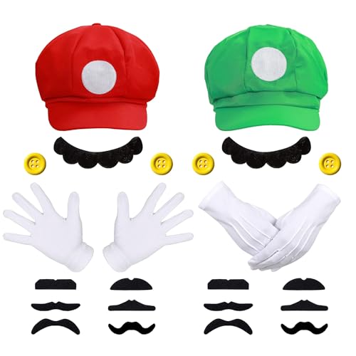 GDFJBG Super Bros Luigi Kostüm Accessories Mütze Hut Handschuhe Bart gelbe Knöpfe Faschingkostüme Karneval Mottoparty Halloween Cosplay für Kinder Damen Herren für Erwachsene Kinder von GDFJBG