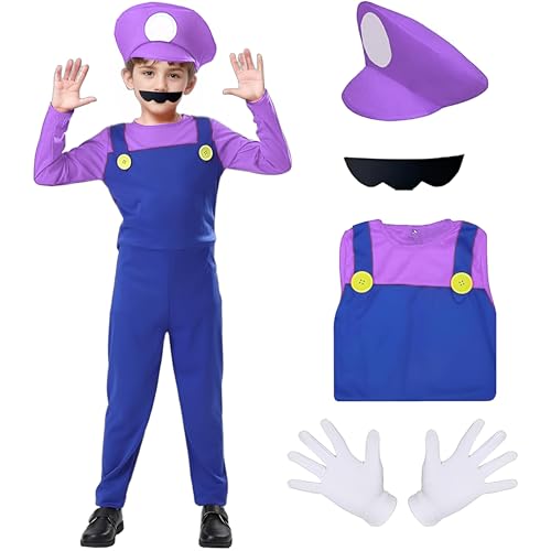 GDFJBG SuperBrothers Cosplay Kostüm Klempner, Kostüm mit Bodysuit, Cap and Schnurrbart, Karneval Halloween Cosplay Kostüm für Herren Damen Junge Mädchen Kinder (Jungen Purpur) von GDFJBG