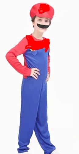 GDFJBG SuperBrothers Cosplay Kostüm Klempner, Kostüm mit Bodysuit, Cap and Schnurrbart, Karneval Halloween Cosplay Kostüm für Herren Damen Junge Mädchen Kinder (Jungen Rot) von GDFJBG