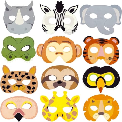 GDFJBG Tiermasken für Kinder, 12 Stück Partyzubehör Tiermasken Papier-tiermasken Waldtiere Tiermasken für Halloween Party Maskerade Geburtstage Dschungel Thema Partyzubehör von GDFJBG