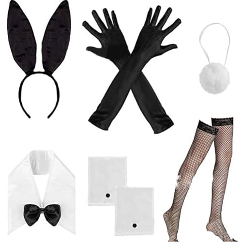 GDFJBG Hasenohren Haarreif Set, Hasen Ohren Haarreifen Plüsch Hasenohren Stirnband Haarbänder Fliege Schwanz, Kaninchenohren Haarreif Ostern Bunny Kostüm Cosplay Party Kinder Erwachsene (BLACK) von GDFJBG