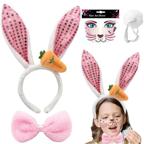 Ostern Kostüm Set, Hasenohren Haarreif Set Kaninchen Ohren Haarreif, Fliege, Schwanz, Gesicht Aufkleber Schmucksteine, Kaninchenohren Damen Ostern Bunny Kostüm Cosplay Party Kinder von GDFJBG