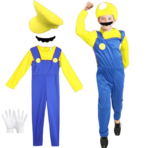 SuperBrothers Cosplay Kostüm Klempner, Kostüm mit Bodysuit, Cap and Schnurrbart, Karneval Halloween Cosplay Kostüm für Herren Damen Junge Mädchen Kinder (Jungen Gelb) von GDFJBG