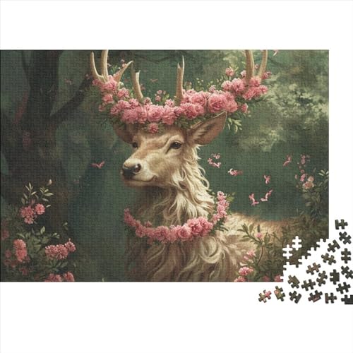 Feenhafter Elch, dekoriert mit rosa Blumen, Puzzle 500 Teile für Erwachsene, Puzzle Davids Hirsch, 500 Teile, schwieriges Puzzle, Premium, tolles Geschenk für Erwachsene, 500 Teile, 52 x 38 cm von GDFWB