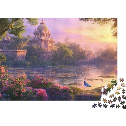 Lakeside Castle Puzzle 1000 Teile für Erwachsene Puzzle Ruhige Frühlingsblumen und Pfauen 1000 Teile Schwieriges Puzzle Herausforderndes Spiel für Erwachsene Geschenke 1000 Teile 75 * 50 cm von GDFWB