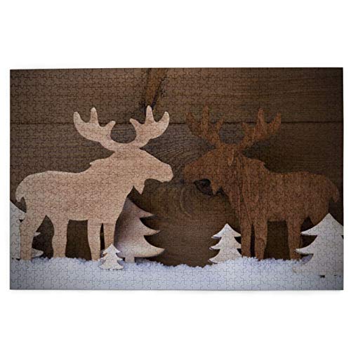 Puzzle 1000 Teile, Puzzle für Erwachsene und Kinder, Modisches Weihnachts-Elchpaar aus Holz, Puzzle für Erwachsene, anspruchsvolles Geschicklichkeitsspiel für die ganze Familie, 75 x 50 cm von GDFWB