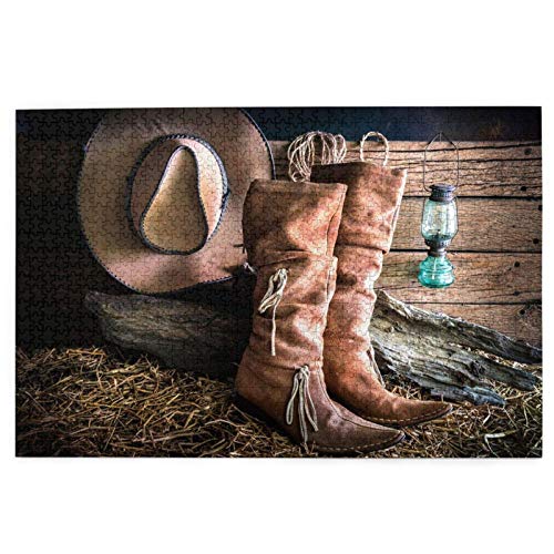 Puzzle 1000 Teile Cowgirl-Stiefel-Hut auf dem Bauernhof, großes Puzzle, Familienspiel, Wanddekoration für Erwachsene und Teenager, 75 x 50 cm von GDFWB