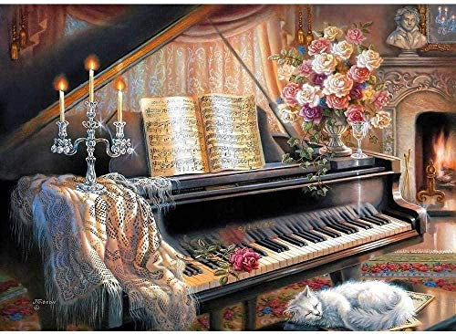 Puzzle 1000 Teile Holzpuzzle Katzenklavier und Kerze Puzzle DIY Kit für Erwachsene Moderne Wohnkultur 75 * 50cm von GDFWB