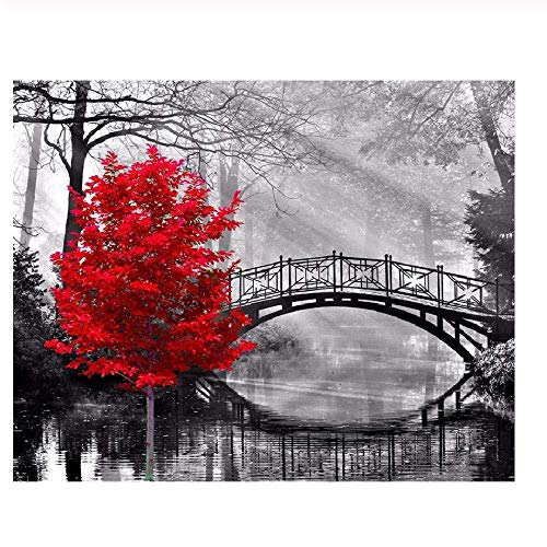 Puzzle für Erwachsene, klassisches Puzzle, 1000 Teile, Holzpuzzle zum Selbermachen, Schwarze weiße Brücke und roter Baum, Moderne intellektuelles Spiel, Wandkunst, 75 x 50 cm von GDFWB