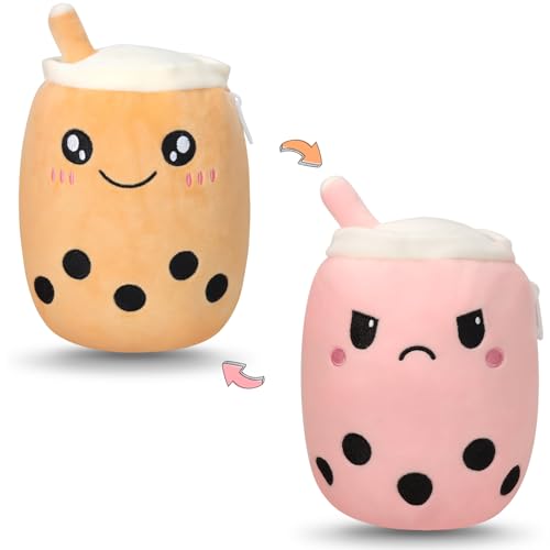 GDGZT Wenden Bubble Tea Kuscheltier, Süße Bubble Tea Plüschtier Stimmungs Kuscheltier, Flip Bubble Tea Kissen für Mädchen und Jungen, Kawaii Kuscheltier Geschenk für Kinder & Erwachsene (Braun & Rosa) von GDGZT