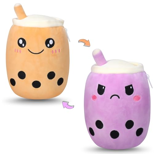 GDGZT Wenden Bubble Tea Kuscheltier, Süße Bubble Tea Plüschtier Stimmungs Kuscheltier, Flip Bubble Tea Kissen für Mädchen und Jungen, Kawaii Kuscheltier Geschenk für Kinder & Erwachsene (Braun & Lila) von GDGZT