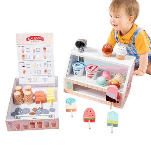 Eiscreme-Spielzeug,Spielzeug-Eiscreme-Set - Spiel-Eistheke aus Holz,Pretend Ice Cream Sets, interaktives Kinder-Eiscreme-Spielset für Geburtstags von GEBBEM