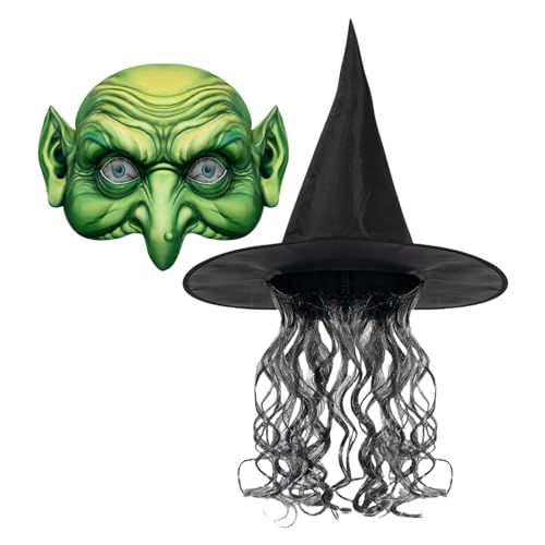 GEBBEM Halloween-Hexenhut-Set – Hexen-Cosplay-Gesichtserade | Alte Hexene mit grünem Gesicht | Horror-Cosplay-Hexen-Perücke, Hut, komplett für Halloween, Hexe, gruselig, gruselig, Horror-Cosplay-Kost von GEBBEM