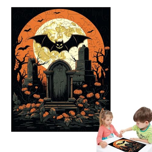 Halloween-Puzzle,Horror-Rätsel für Erwachsene Halloween,Anspruchsvolles Puzzle für Spieleabende - 3D-Weihnachtspuzzles Horror-Spukhaus aus Holz mit, Fledermaus, Grab-Themenpuzzles, kreatives Spielen von GEBBEM