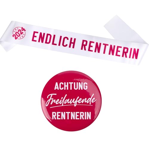 (2 pcs) Rentner Schärpe und Button Dekoration Frau Ruhestand Accessoires Endlich Rentnerin Achtung freilaufende Rentnerin Geschenk für Pensionierung Rente Party Abschiedsfeier Deko Sash Zubehör von GEBETTER