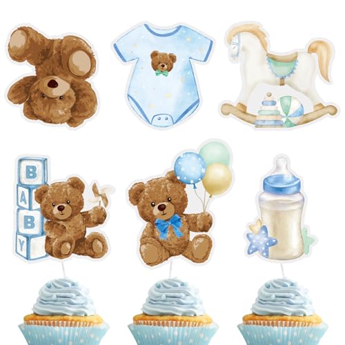 24 Stück Cupcake Topper Babyparty Baby Shower Kuchen Cake Dekoration Taufe Papier Gender Reveal Party Zubehör Kommunion Tortendeko Kuchendekoraion Muffin Deko Tortenstecker Partydeko (Blau) von GEBETTER