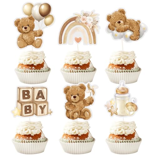 24 Stück Cupcake Topper Babyparty Baby Shower Kuchen Cake Dekoration Taufe Papier Gender Reveal Party Zubehör Kommunion Tortendeko Kuchendekoraion Muffin Deko Tortenstecker Partydeko (Braun) von GEBETTER