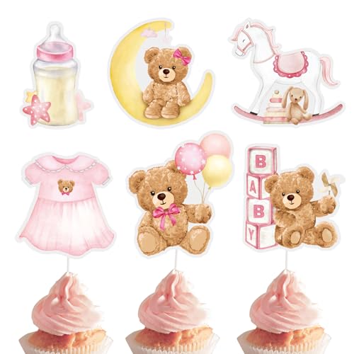 24 Stück Cupcake Topper Babyparty Baby Shower Kuchen Cake Dekoration Taufe Papier Gender Reveal Party Zubehör Kommunion Tortendeko Kuchendekoraion Muffin Deko Tortenstecker Partydeko (Rosa) von GEBETTER