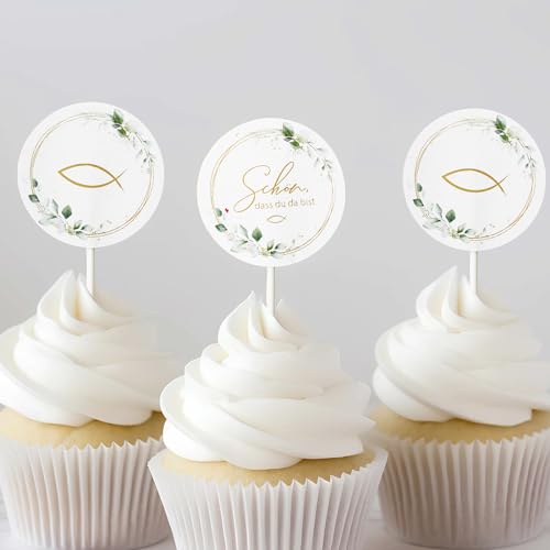 24 Stück Cupcake Topper Schön dass du da bist Kuchen Cake Dekorieren Taufe Fisch Papier Party Dekoration Zubehör Kommunion Tortendeko Kuchendekoraion Konfirmation Muffin Deko Tortenstecker von GEBETTER