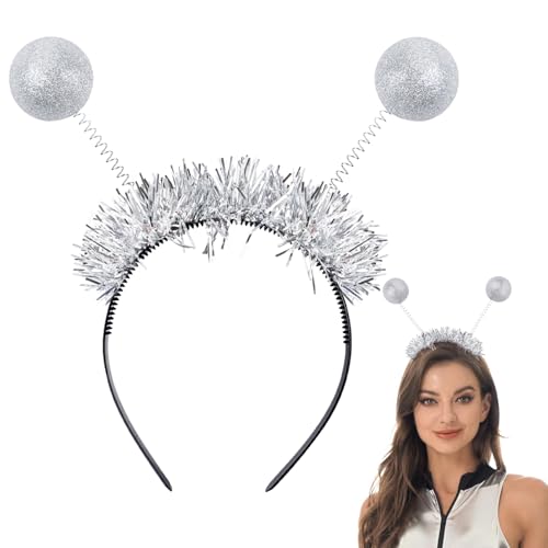 Alien Haarreif mit 2 schwingenden Kugeln Glitzer Karneval Halloween Kopfschmuck Alien Haarband Fasching Accessoire Party Kostüm für Kinder Damen Haarschmuck Stirnband (Silberig mit Lamettafäden) von GEBETTER