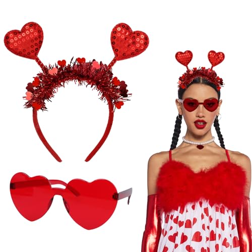 GEBETTER (2 stk) 1x Herz Haarreif + 1x Herz Brille Amor Kostüm Haarband Rot Glitzer Herzchen Stirnband Valentinstag Accessoire Haarschmuck für Hochzeit Karneval Party Kopfschmuck Mädchen Damen von GEBETTER