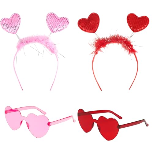 GEBETTER (4pcs) Amor Kostüm 2* Herz Haarreifen + 2* Herz Brille Zubehör Herzförmige Partybrille Stirnbänder Love zum Valentinstag Hochzeit Fasching Geburtstagsfeier Junggesellinnenabschied Party von GEBETTER