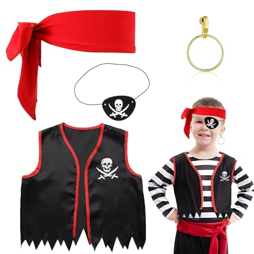 GEBETTER 4 Stück Kinder Piratenkostüm Zubehör Set Vintage Piraten Kostüm Accessoires Augenklappe Pirat Kopftuch Piraten Weste Dress Up Set für Jungen Mädchen Karneval Halloween Cosplay Piratenparty von GEBETTER