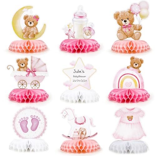 9 Stück Gender Reveal Party Deko Bienenwabe Mittelstück Tischdekoration Bär Dekoration für Baby Shower Babyparty Geschlecht Verkündung Party Zubehör Enthüllung Partydeko Tischaufsätze (Pink) von GEBETTER