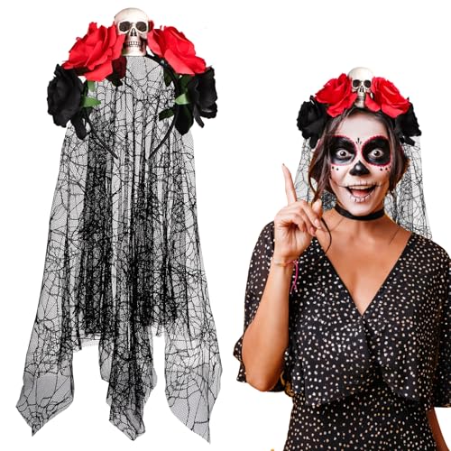 GEBETTER Halloween Kostüm Haarreif Schleier Damen Tag Der Toten Haarreif Kopfschmuck Rosen für Day of The Dead Kostüm Karneval Haarband Dia De Los Muertos Kostüm von GEBETTER