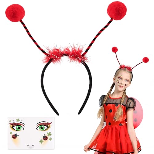 GEBETTER Marienkäfer Haarreif mit Bommeln + 1 Set Marienkäfer Gesicht Tattoos Kostüm Mädchen Kinder Ladybug Kopfschmuck Party Accessoires Stirnband Haarband für Karneval Fasching Halloween von GEBETTER