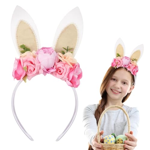 Hasenohren Haarreif Ostern mit Blumen, Stirnband niedliches Haarband modisches Haar Accessoire Kopfschmuck für Frauen und Mädchen Halloween Karneval Cosplay Party Kostüm Kopfband Dekoration (A) von GEBETTER