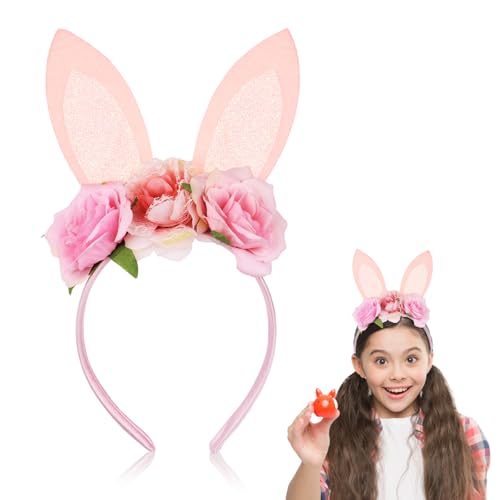 Hasenohren Haarreif Ostern mit Blumen, Stirnband niedliches Haarband modisches Haar Accessoire Kopfschmuck für Frauen und Mädchen Halloween Karneval Cosplay Party Kostüm Kopfband Dekoration (B) von GEBETTER