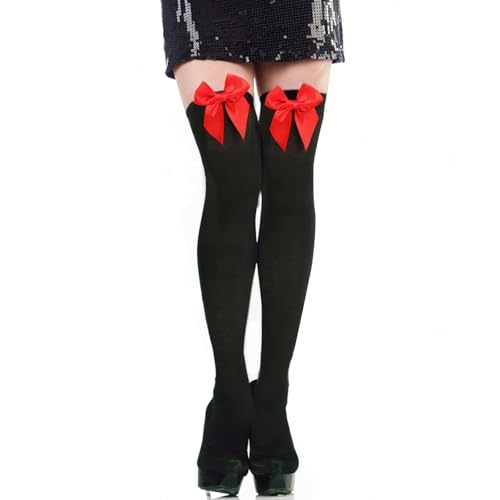 Overknees Strümpfe mit Schleife Damen, Knee High Socken dehnbar Thigh High Socks für Frauen Halloween Weihnachten Karneval Kostüm Accessoire Valentinstag Mottoparty (Schwarz mit roten Schleife) von GEBETTER