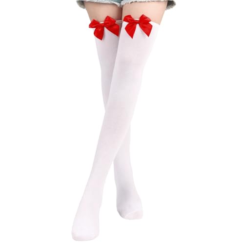 Overknees Strümpfe mit Schleife Damen, Knee High Socken dehnbar Thigh High Socks für Frauen Halloween Weihnachten Karneval Kostüm Accessoire Valentinstag Mottoparty (Weiße mit roten Schleife) von GEBETTER