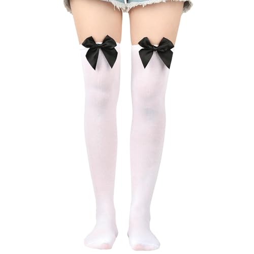 Overknees Strümpfe mit Schleife Damen, Knee High Socken dehnbar Thigh High Socks für Frauen Halloween Weihnachten Karneval Kostüm Accessoire Valentinstag Mottoparty (Weiße mit schwarzen Schleife) von GEBETTER